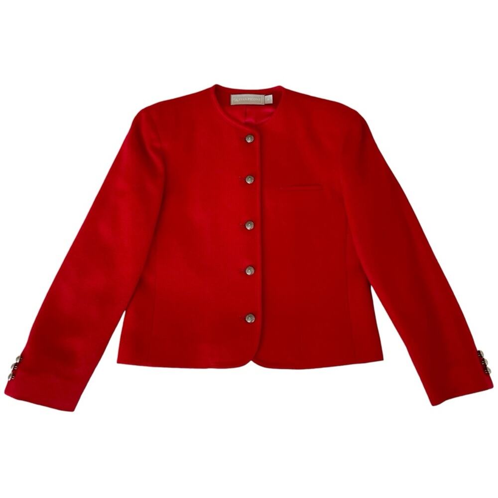 100% Pure Wool Red Lady Jacket Evan Picone Size 8 Union Made Collarless Blazer